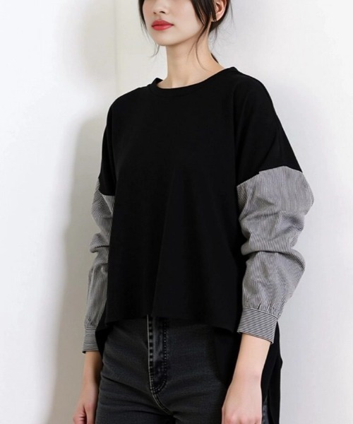 cammie(キャミー)の「袖ストライプ切り替えトップス(Tシャツ/カットソー・レディース・ブラック/ホワイト・L/M)」の10枚目の写真