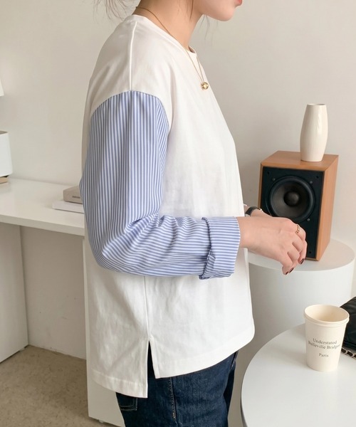 cammie(キャミー)の「袖ストライプ切り替えトップス(Tシャツ/カットソー・レディース・ブラック/ホワイト・L/M)」の18枚目の写真
