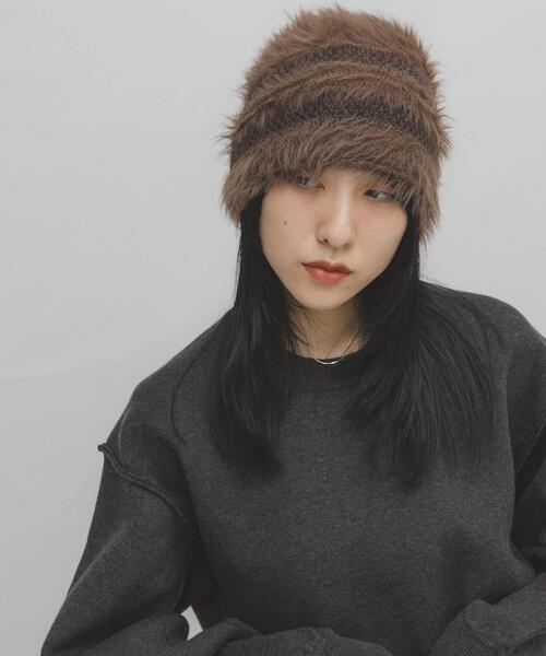 セール】ラインデザインシャギーニットビーニー（ニットキャップ