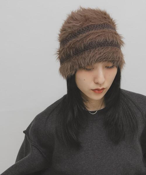 ラインデザインシャギーニットビーニー（ニットキャップ/ビーニー