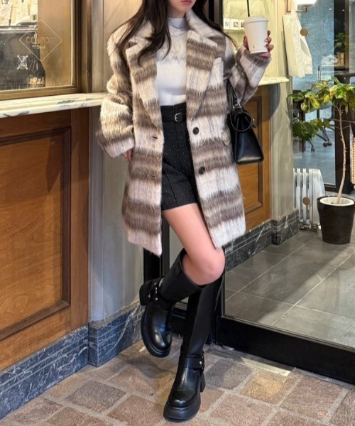 rienda（リエンダ）の「シングルシャギーテーラードジャケットコート 秋服 冬服（テーラードジャケット・レディース・グレー/ホワイト/マルチ・MEDIUM/SMALL）」の3枚目の写真