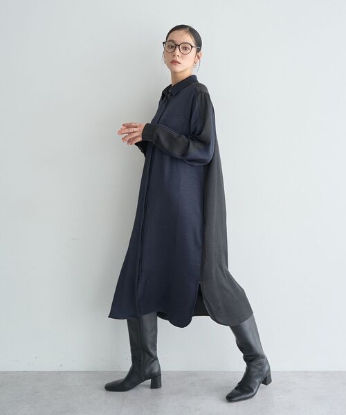 Editt by YECCA VECCA（エディットバイイェッカヴェッカ）の「ヴィンテージサテンシャツワンピース（シャツワンピース・レディース・ネイビー/ライトベージュ/カーキ・FREE）」の5枚目の写真