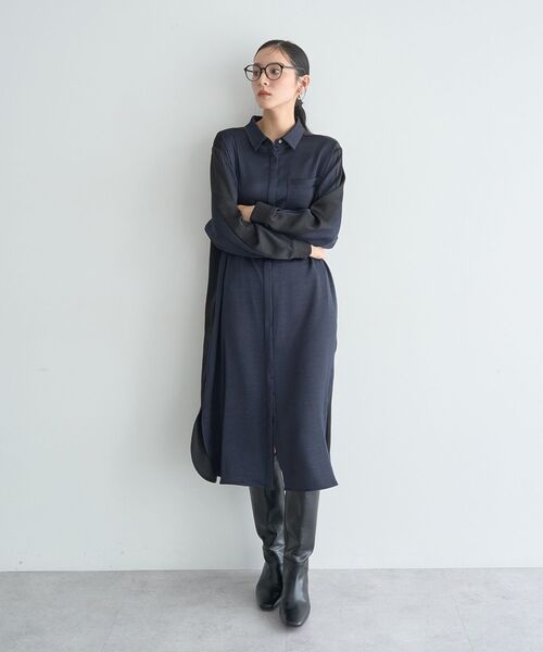 Editt by YECCA VECCA（エディットバイイェッカヴェッカ）の「ヴィンテージサテンシャツワンピース（シャツワンピース・レディース・ネイビー/ライトベージュ/カーキ・FREE）」の8枚目の写真