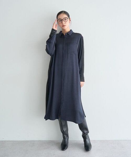 Editt by YECCA VECCA（エディットバイイェッカヴェッカ）の「ヴィンテージサテンシャツワンピース（シャツワンピース・レディース・ネイビー/ライトベージュ/カーキ・FREE）」の9枚目の写真