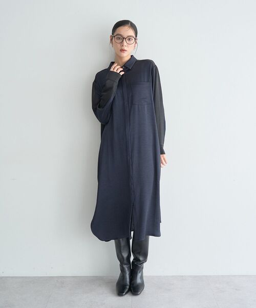 Editt by YECCA VECCA（エディットバイイェッカヴェッカ）の「ヴィンテージサテンシャツワンピース（シャツワンピース・レディース・ネイビー/ライトベージュ/カーキ・FREE）」の10枚目の写真