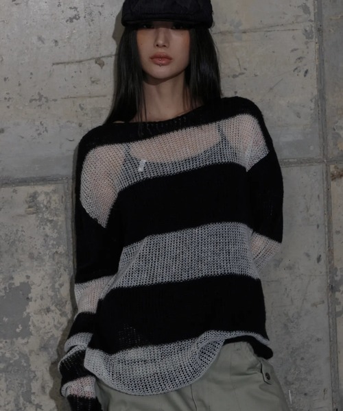 FANCY CLUB（ファンシークラブ）の「【日本未発売/WEB限定】FANCY CLUB(ファンシークラブ)/シースルー ヘイリー ストライプ オーバーサイズ ニット/HAILEY STRIPE KNIT（ニット/セーター・レディース・ブラック/ブラウン・FREE）」の3枚目の写真