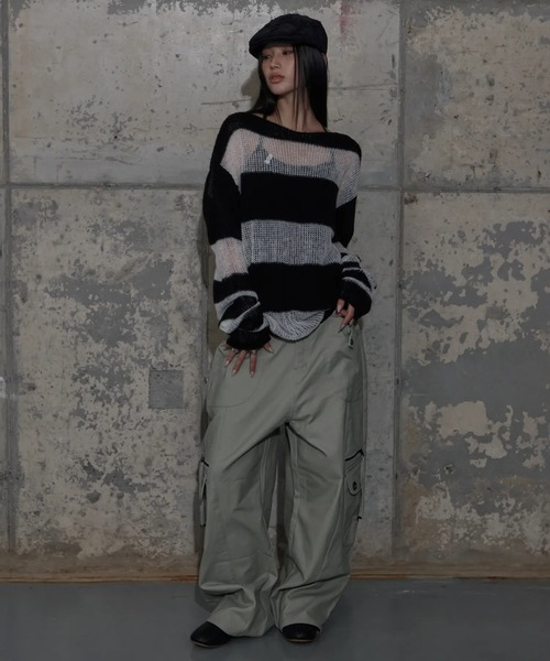 FANCY CLUB（ファンシークラブ）の「【日本未発売/WEB限定】FANCY CLUB(ファンシークラブ)/シースルー ヘイリー ストライプ オーバーサイズ ニット/HAILEY STRIPE KNIT（ニット/セーター・レディース・ブラック/ブラウン・FREE）」の8枚目の写真