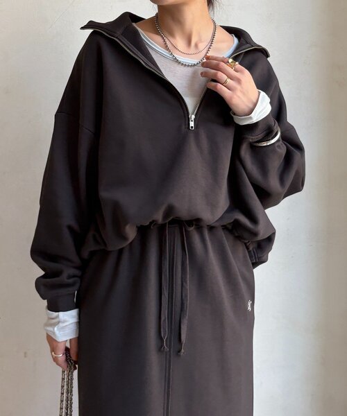 DouDou（ドゥドゥ）の「裏起毛ドロストハーフジッププルオーバー（Tシャツ/カットソー・レディース・ブラック/アイボリー/チャコールグレー・FREE）」の3枚目の写真