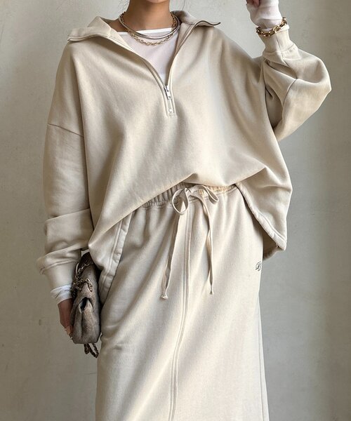 DouDou（ドゥドゥ）の「裏起毛ドロストハーフジッププルオーバー（Tシャツ/カットソー・レディース・ブラック/アイボリー/チャコールグレー・FREE）」の2枚目の写真