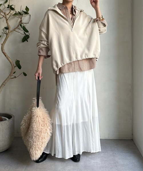 DouDou（ドゥドゥ）の「裏起毛ドロストハーフジッププルオーバー（Tシャツ/カットソー・レディース・ブラック/アイボリー/チャコールグレー・FREE）」の5枚目の写真