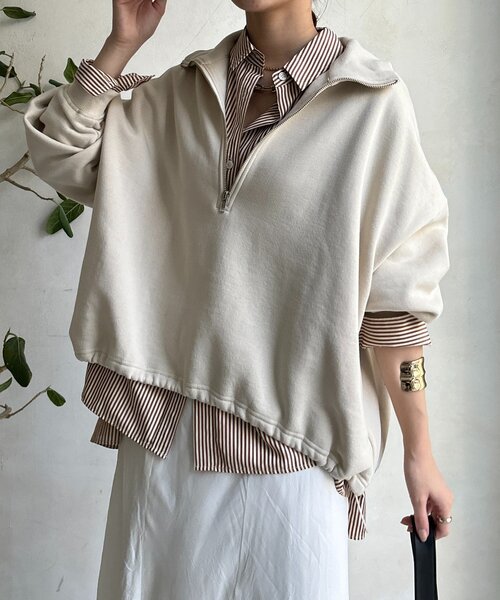 DouDou（ドゥドゥ）の「裏起毛ドロストハーフジッププルオーバー（Tシャツ/カットソー・レディース・ブラック/アイボリー/チャコールグレー・FREE）」の8枚目の写真