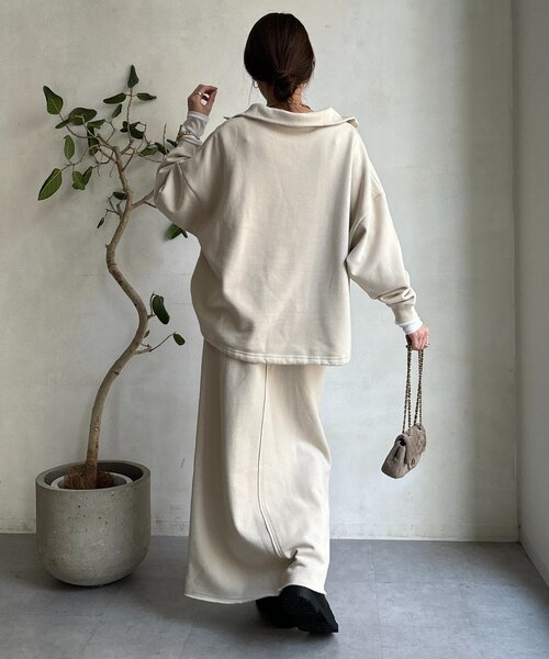 DouDou（ドゥドゥ）の「裏起毛ドロストハーフジッププルオーバー（Tシャツ/カットソー・レディース・ブラック/アイボリー/チャコールグレー・FREE）」の12枚目の写真