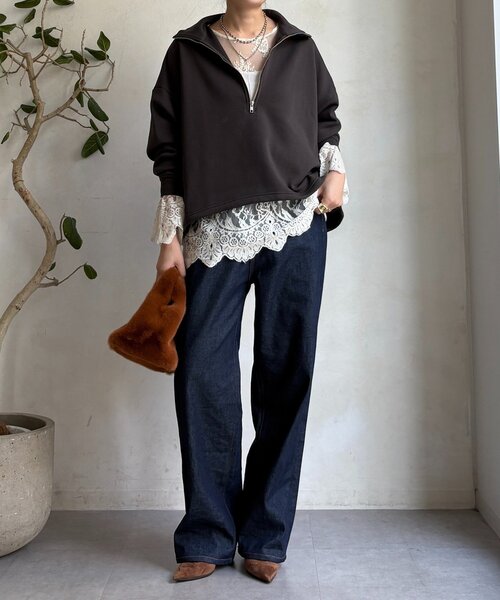 DouDou（ドゥドゥ）の「裏起毛ドロストハーフジッププルオーバー（Tシャツ/カットソー・レディース・ブラック/アイボリー/チャコールグレー・FREE）」の16枚目の写真