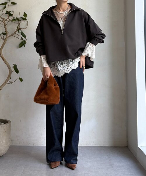 DouDou（ドゥドゥ）の「裏起毛ドロストハーフジッププルオーバー（Tシャツ/カットソー・レディース・ブラック/アイボリー/チャコールグレー・FREE）」の17枚目の写真