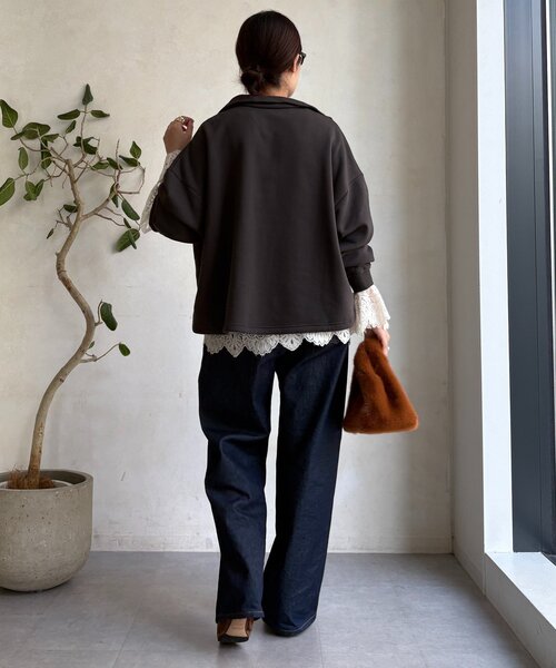 DouDou（ドゥドゥ）の「裏起毛ドロストハーフジッププルオーバー（Tシャツ/カットソー・レディース・ブラック/アイボリー/チャコールグレー・FREE）」の18枚目の写真