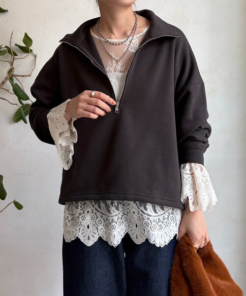 DouDou（ドゥドゥ）の「裏起毛ドロストハーフジッププルオーバー（Tシャツ/カットソー・レディース・ブラック/アイボリー/チャコールグレー・FREE）」の19枚目の写真