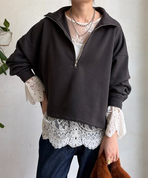 DouDou（ドゥドゥ）の「裏起毛ドロストハーフジッププルオーバー（Tシャツ/カットソー・レディース・ブラック/アイボリー/チャコールグレー・FREE）」の20枚目の写真