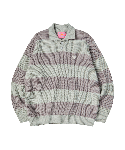 COMONINOZ（コモニノズ）の「BOLD STRIPE COLLAR KNIT [GRAY]（ニット/セーター・メンズ・グレー・SMALL/MEDIUM/LARGE）」の2枚目の写真