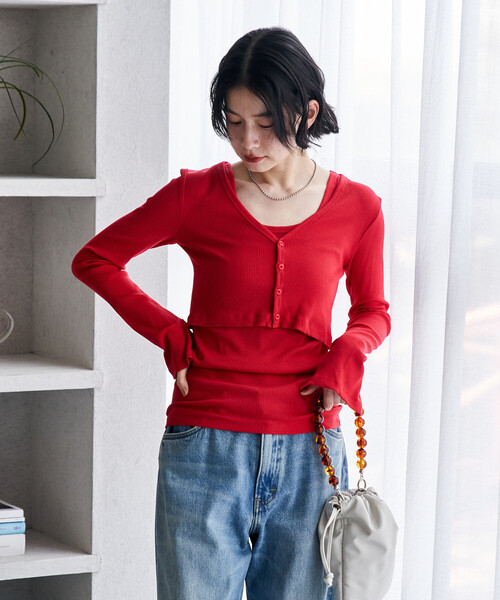 FREAK'S STORE(フリークスストア)の「コットンモダール タンクセット リブショートカーディガン(Tシャツ/カットソー・レディース・ホワイト/レッド/その他13/ブラック・フリ-)」の1枚目の写真