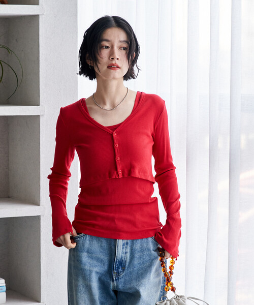 FREAK'S STORE(フリークスストア)の「コットンモダール タンクセット リブショートカーディガン(Tシャツ/カットソー・レディース・ホワイト/レッド/その他13/ブラック・フリ-)」の5枚目の写真