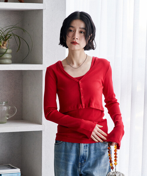 FREAK'S STORE(フリークスストア)の「コットンモダール タンクセット リブショートカーディガン(Tシャツ/カットソー・レディース・ホワイト/レッド/その他13/ブラック・フリ-)」の6枚目の写真