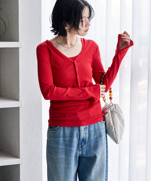FREAK'S STORE(フリークスストア)の「コットンモダール タンクセット リブショートカーディガン(Tシャツ/カットソー・レディース・ホワイト/レッド/その他13/ブラック・フリ-)」の9枚目の写真