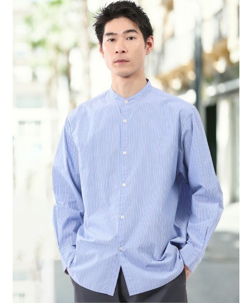 TAKA-Q(タカキュー)の「シャツ メンズ 長袖 綿 コットン タイプライター バンドカラー ゆったり オーバーサイズ (シャツ/ブラウス・メンズ・ブルー/ホワイト・MEDIUM/LARGE/X-LARGE)」の2枚目の写真