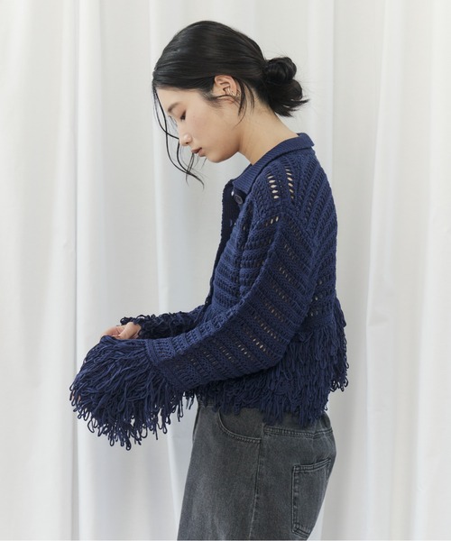 CIEL'AIR(シエルエアー)の「MESH FRINGE CD(メッシュフリンジカーデ)(ニット/セーター・レディース・オフホワイト/ネイビー・FREE)」の12枚目の写真