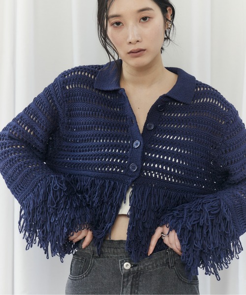 CIEL'AIR(シエルエアー)の「MESH FRINGE CD(メッシュフリンジカーデ)(ニット/セーター・レディース・オフホワイト/ネイビー・FREE)」の16枚目の写真