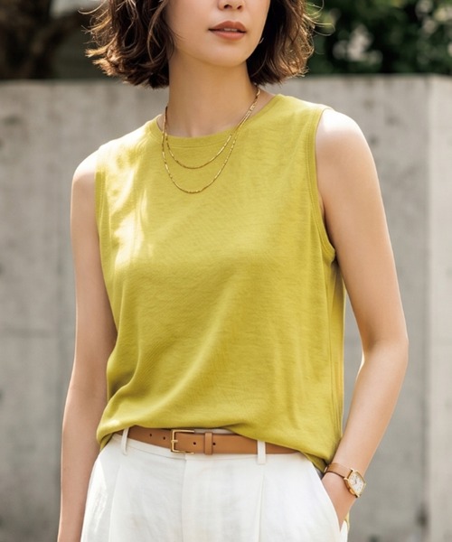 Belta attrice(ベルタアトリーチェ)の「【重ね着インナーに!接触冷感】クルーネック ハイツイストコットン100 ノースリーブ 薄手インナー レイヤード/袖なし(タンクトップ・レディース・スモークピンク/ネイビー/ラベンダー/イエロー/ホワイト・FREE/M~L)」の20枚目の写真
