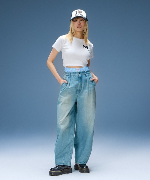 X-girl（エックスガール）の「CHENILLE EMBROIDERED XG LOGO S/S BABY TEE（Tシャツ/カットソー・レディース・ブラック/オリーブ/ホワイト・ONE SIZE）」の6枚目の写真