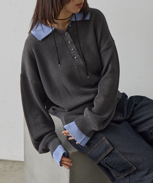 goocy（グーシー）の「レイヤードライクポロプルオーバー（ニット/セーター・レディース・ブラック/チャコールグレー/グレー・FREE）」の2枚目の写真