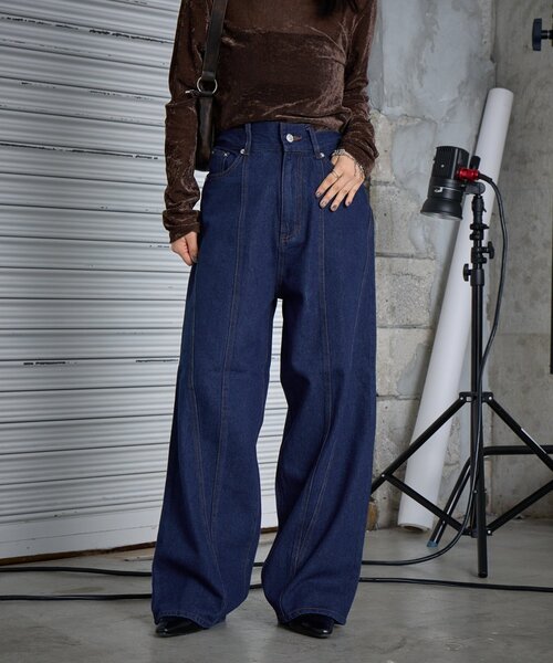 goocy(グーシー)の「【低身長でも着られる】デニム切替えストレートパンツ(デニムパンツ・レディース・ブルー/インディゴブルー・27cm/26cm)」の1枚目の写真
