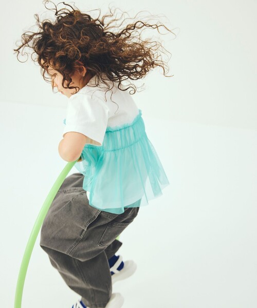 green label relaxing（グリーンレーベルリラクシング）の「【スタメンシリーズ】チュールドッキング Tシャツ / キッズ  100cm-160cm UVカット 接触冷感  吸水速乾（Tシャツ/カットソー・キッズ・オフホワイト/ライトブルー/オレンジ・140cm/120cm/100cm/110cm/160cm/150cm/130cm）」の2枚目の写真