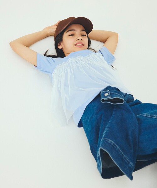 green label relaxing（グリーンレーベルリラクシング）の「【スタメンシリーズ】チュールドッキング Tシャツ / キッズ  100cm-160cm UVカット 接触冷感  吸水速乾（Tシャツ/カットソー・キッズ・オフホワイト/ライトブルー/オレンジ・140cm/120cm/100cm/110cm/160cm/150cm/130cm）」の3枚目の写真
