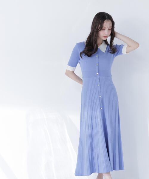 NATURAL BEAUTY BASIC(ナチュラルビューティーベーシック)の「レース襟ニットワンピース(ワンピース・レディース・ネイビー/ブルー/ブラック・P/S/MEDIUM)」の1枚目の写真