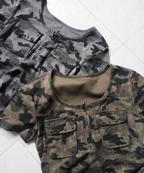 me+em select(ミームセレクト)の「【 2color 】ヴィンテージカモフラアウトポケットジップ半袖Tシャツ / vintage camouflage out pocket zip short sleeve T-shirt(Tシャツ/カットソー・レディース・カーキ/グレー・FREE)」の6枚目の写真
