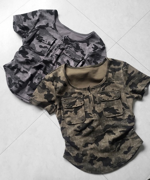 me+em select(ミームセレクト)の「【 2color 】ヴィンテージカモフラアウトポケットジップ半袖Tシャツ / vintage camouflage out pocket zip short sleeve T-shirt(Tシャツ/カットソー・レディース・カーキ/グレー・FREE)」の5枚目の写真