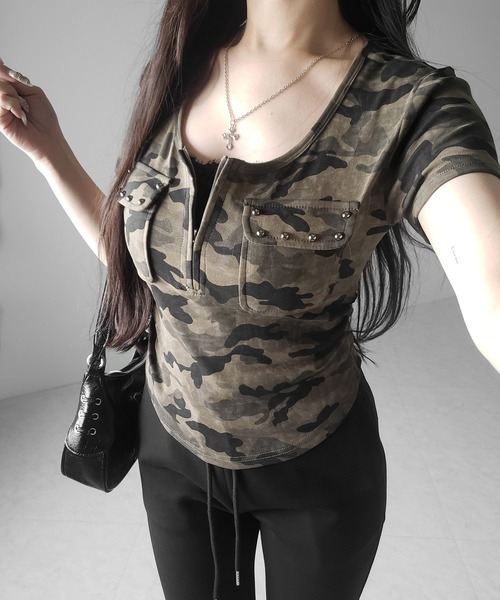 me+em select(ミームセレクト)の「【 2color 】ヴィンテージカモフラアウトポケットジップ半袖Tシャツ / vintage camouflage out pocket zip short sleeve T-shirt(Tシャツ/カットソー・レディース・カーキ/グレー・FREE)」の18枚目の写真