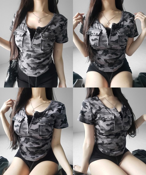 me+em select(ミームセレクト)の「【 2color 】ヴィンテージカモフラアウトポケットジップ半袖Tシャツ / vintage camouflage out pocket zip short sleeve T-shirt(Tシャツ/カットソー・レディース・カーキ/グレー・FREE)」の4枚目の写真