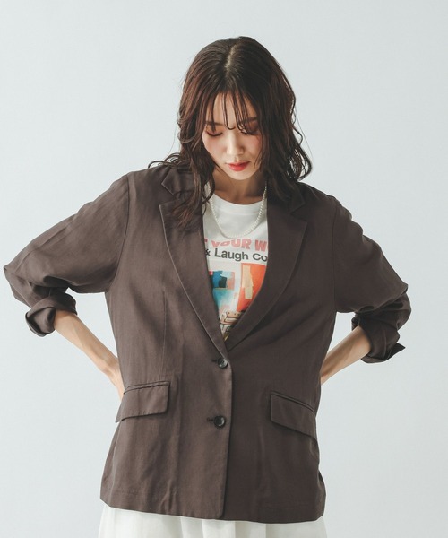 GLOBAL WORK（グローバルワーク）の「フレンチリネンジャケット/612370（テーラードジャケット・レディース・ダークブラウン/スミクロ/ナチュラル/グレー系その他・SMALL/MEDIUM/LARGE）」の4枚目の写真