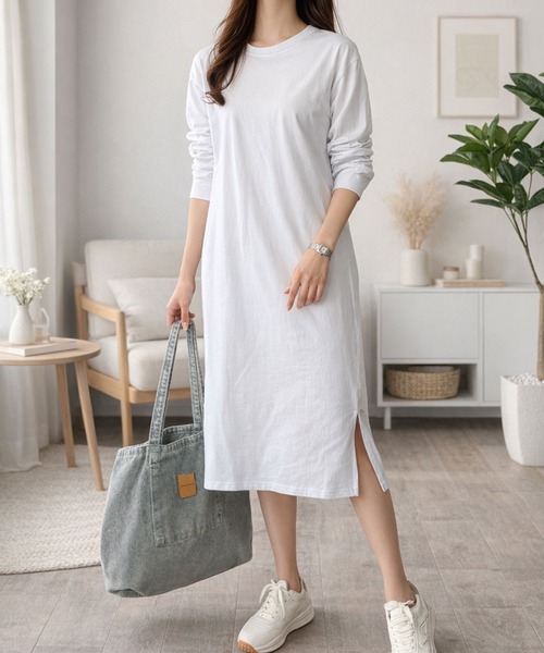 Dewlily(デューリリー)の「リラックス感とすっきり感 デイリーに活躍! ロングスリーブTシャツワンピース(ワンピース・レディース・グレー/ブラック/ネイビー/ホワイト/ピンク・M/S/XL/L)」の16枚目の写真