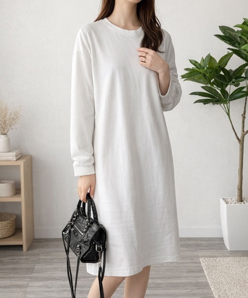 Dewlily(デューリリー)の「リラックス感とすっきり感 デイリーに活躍! ロングスリーブTシャツワンピース(ワンピース・レディース・グレー/ブラック/ネイビー/ホワイト/ピンク・M/S/XL/L)」の19枚目の写真