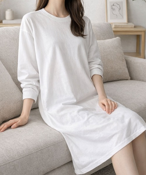 Dewlily(デューリリー)の「リラックス感とすっきり感 デイリーに活躍! ロングスリーブTシャツワンピース(ワンピース・レディース・グレー/ブラック/ネイビー/ホワイト/ピンク・M/S/XL/L)」の21枚目の写真