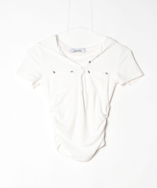 .KOM(ドットコム)の「A'GEM/9 × .kom 『.KOM/ドットケーオーエム』フードデザインコンパクトトップス(Tシャツ/カットソー・レディース・ブラック×ホワイト/ホワイト/ブラック・FREE)」の12枚目の写真
