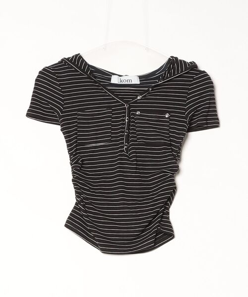 .KOM(ドットコム)の「A'GEM/9 × .kom 『.KOM/ドットケーオーエム』フードデザインコンパクトトップス(Tシャツ/カットソー・レディース・ブラック×ホワイト/ホワイト/ブラック・FREE)」の15枚目の写真