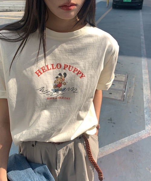 LYEON(リヨン)の「HELLO PUPPYプリント半袖Tシャツ(Tシャツ/カットソー・レディース・ネイビー/グレー/アイボリー・FREE)」の14枚目の写真