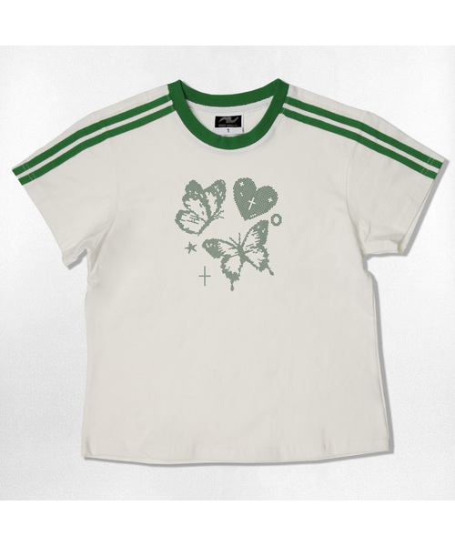 NOTUSUAL(ノットユージュアル)の「フライドットセミクロップ半袖Tシャツ6色(Tシャツ/カットソー・レディース・ホワイト/スカイブルー/ネイビー/ピンク/ライトブラウン/ホワイト×グリーン・1(S))」の2枚目の写真
