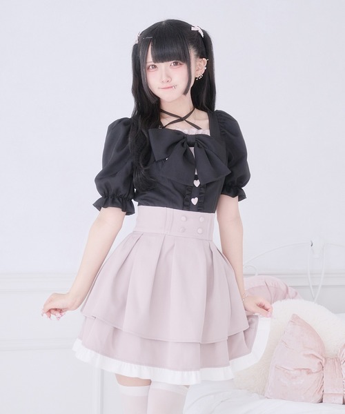 Pal elfy（パルエルフィー）の「ぷっくりリボンハートボタントップス（シャツ/ブラウス・レディース・ブラック系その他/ピンク/ブラック・フリー）」の4枚目の写真