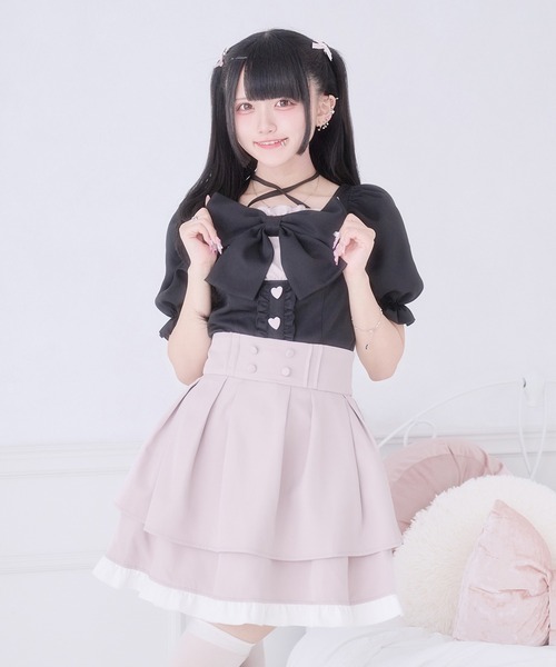 Pal elfy（パルエルフィー）の「ぷっくりリボンハートボタントップス（シャツ/ブラウス・レディース・ブラック系その他/ピンク/ブラック・フリー）」の6枚目の写真